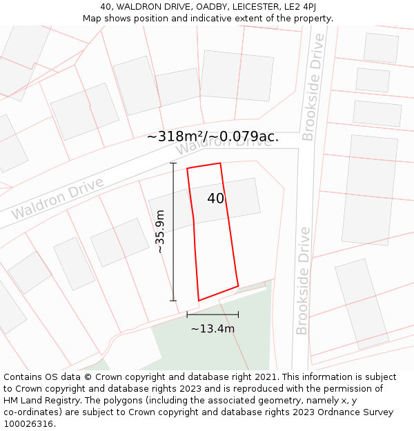 40, WALDRON DRIVE, OADBY, LEICESTER, LE2 4PJ: Plot and title map