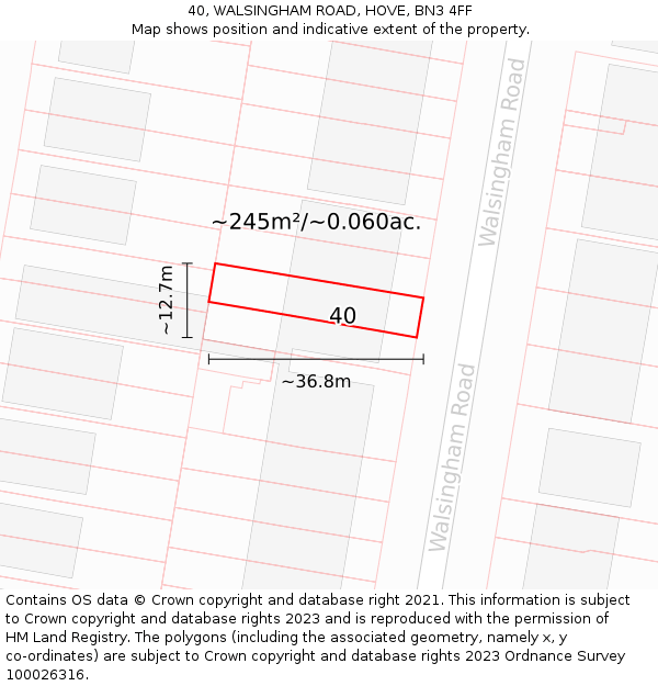 40, WALSINGHAM ROAD, HOVE, BN3 4FF: Plot and title map
