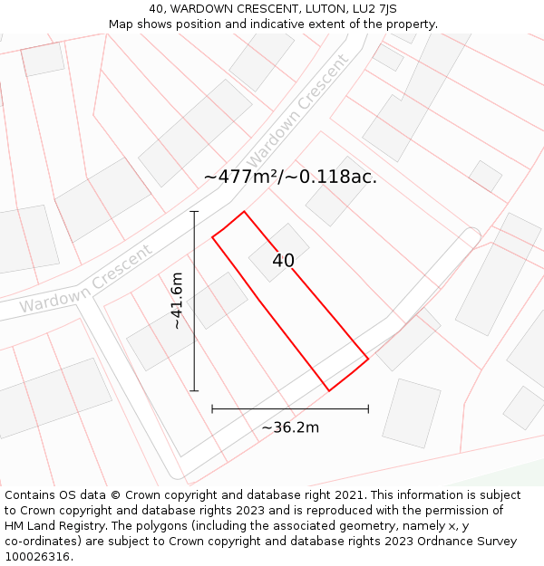 40, WARDOWN CRESCENT, LUTON, LU2 7JS: Plot and title map