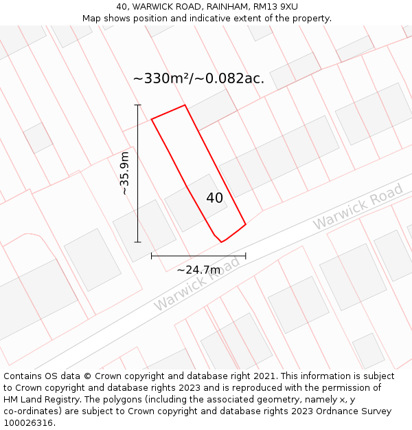 40, WARWICK ROAD, RAINHAM, RM13 9XU: Plot and title map