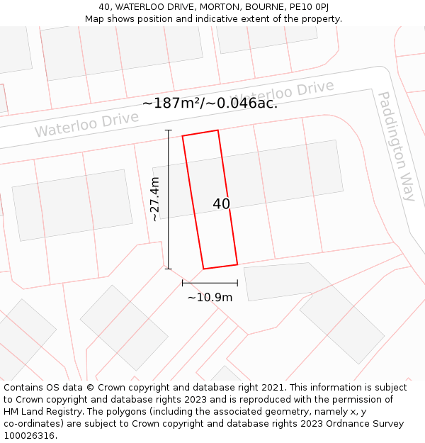 40, WATERLOO DRIVE, MORTON, BOURNE, PE10 0PJ: Plot and title map