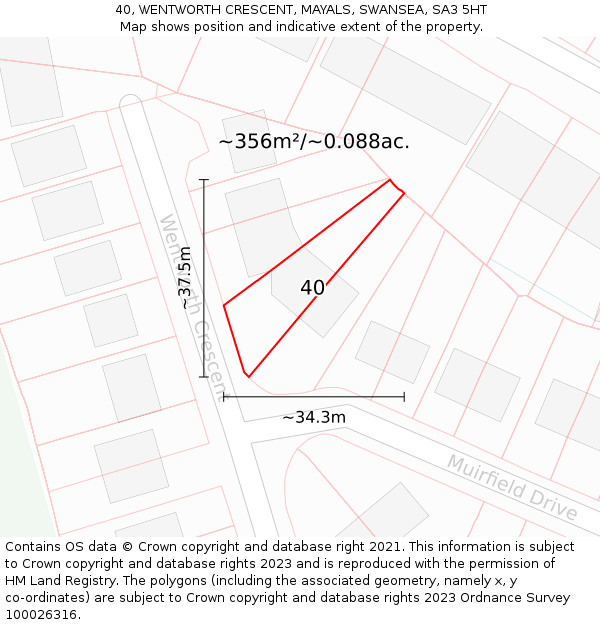 40, WENTWORTH CRESCENT, MAYALS, SWANSEA, SA3 5HT: Plot and title map