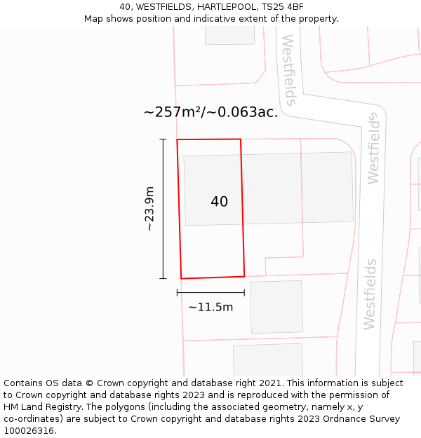 40, WESTFIELDS, HARTLEPOOL, TS25 4BF: Plot and title map