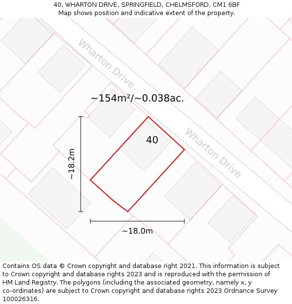 40, WHARTON DRIVE, SPRINGFIELD, CHELMSFORD, CM1 6BF: Plot and title map