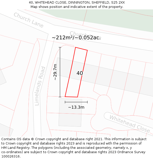 40, WHITEHEAD CLOSE, DINNINGTON, SHEFFIELD, S25 2XX: Plot and title map