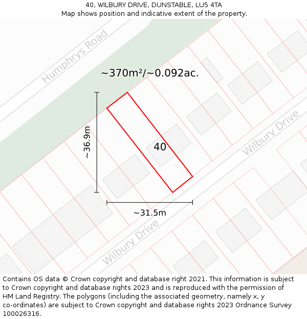 40, WILBURY DRIVE, DUNSTABLE, LU5 4TA: Plot and title map