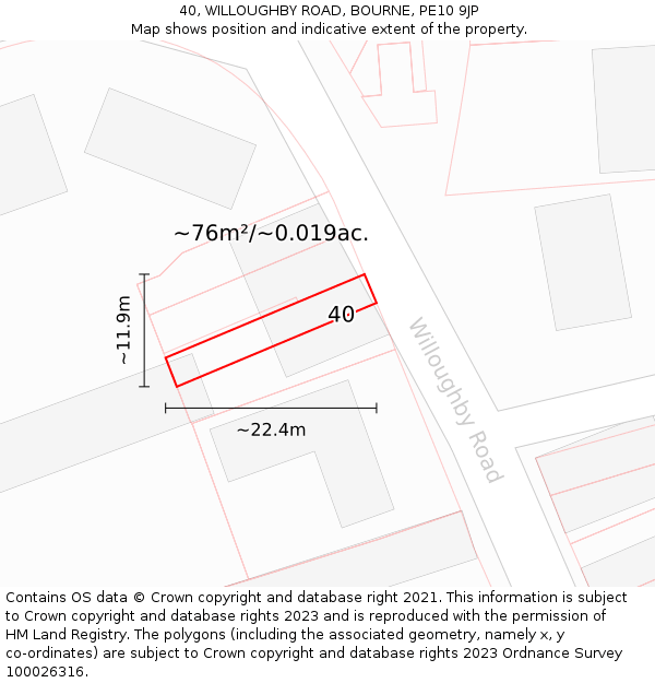 40, WILLOUGHBY ROAD, BOURNE, PE10 9JP: Plot and title map