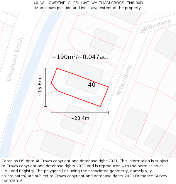 40, WILLOWDENE, CHESHUNT, WALTHAM CROSS, EN8 0XD: Plot and title map