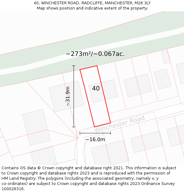 40, WINCHESTER ROAD, RADCLIFFE, MANCHESTER, M26 3LY: Plot and title map