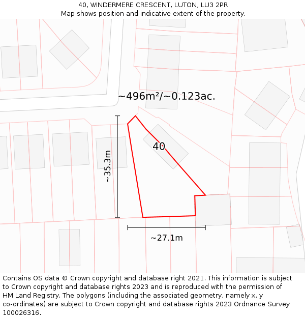 40, WINDERMERE CRESCENT, LUTON, LU3 2PR: Plot and title map