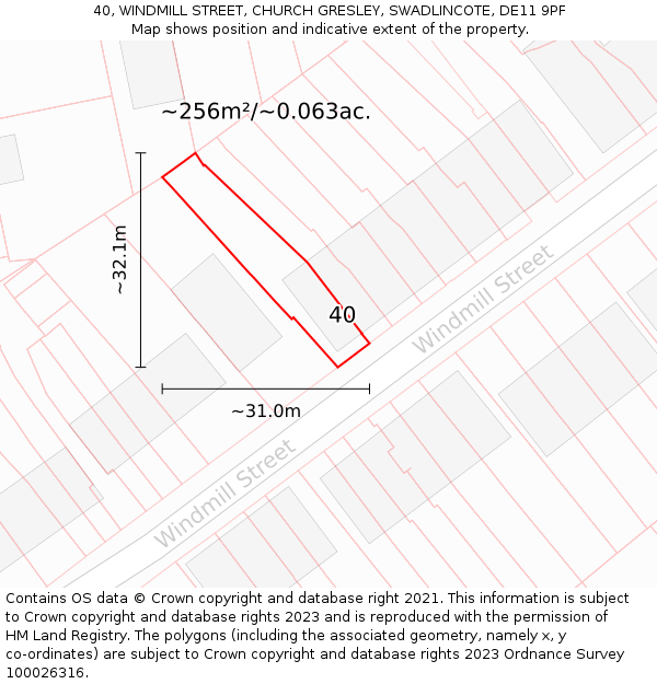 40, WINDMILL STREET, CHURCH GRESLEY, SWADLINCOTE, DE11 9PF: Plot and title map