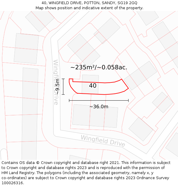 40, WINGFIELD DRIVE, POTTON, SANDY, SG19 2GQ: Plot and title map