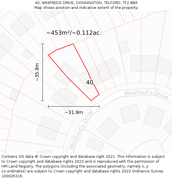 40, WINIFREDS DRIVE, DONNINGTON, TELFORD, TF2 8BA: Plot and title map