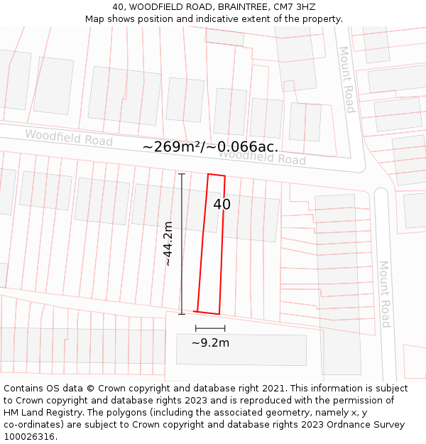 40, WOODFIELD ROAD, BRAINTREE, CM7 3HZ: Plot and title map