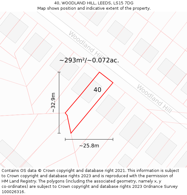40, WOODLAND HILL, LEEDS, LS15 7DG: Plot and title map
