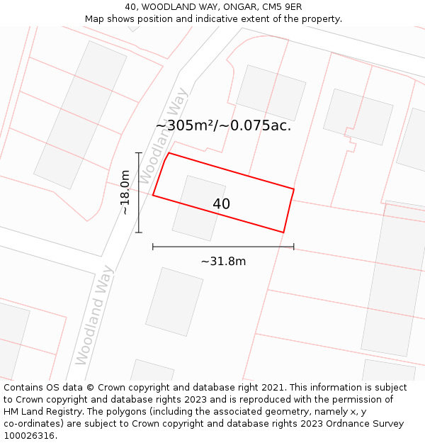 40, WOODLAND WAY, ONGAR, CM5 9ER: Plot and title map
