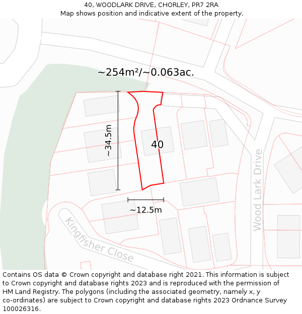 40, WOODLARK DRIVE, CHORLEY, PR7 2RA: Plot and title map