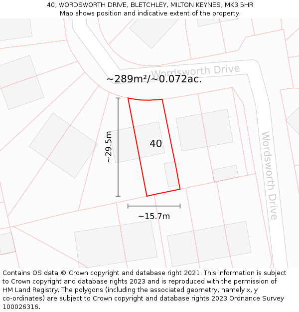 40, WORDSWORTH DRIVE, BLETCHLEY, MILTON KEYNES, MK3 5HR: Plot and title map