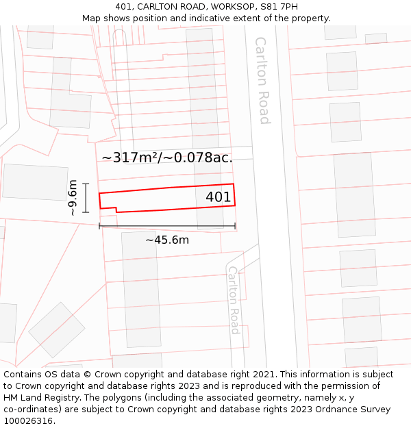 401, CARLTON ROAD, WORKSOP, S81 7PH: Plot and title map