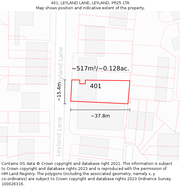 401, LEYLAND LANE, LEYLAND, PR25 1TA: Plot and title map