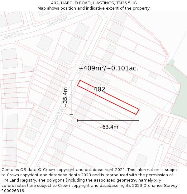 402, HAROLD ROAD, HASTINGS, TN35 5HG: Plot and title map