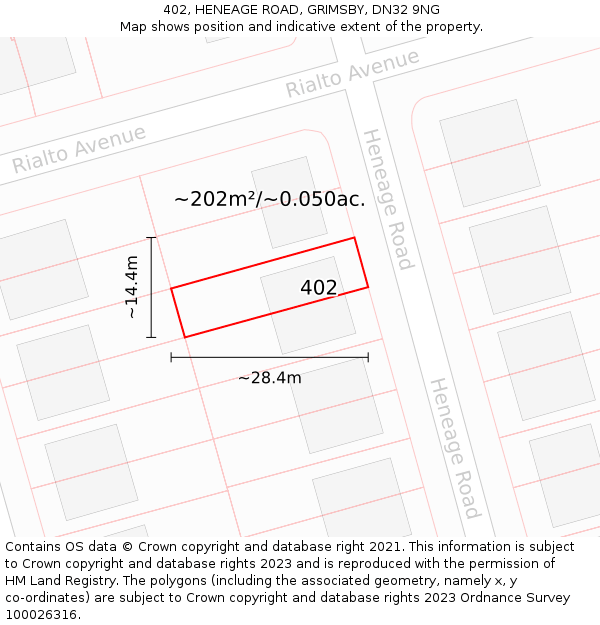 402, HENEAGE ROAD, GRIMSBY, DN32 9NG: Plot and title map