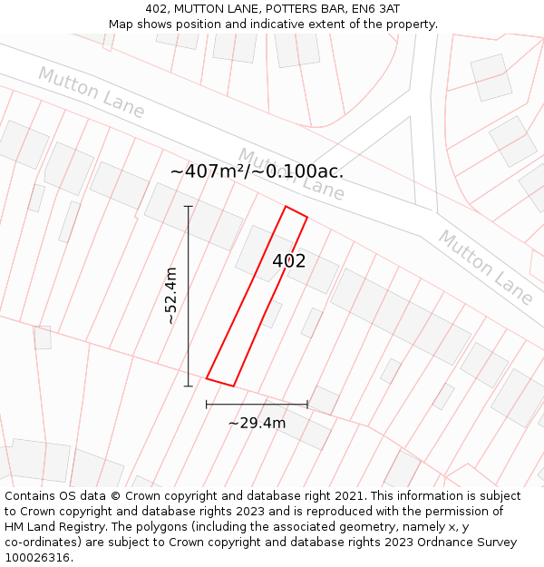 402, MUTTON LANE, POTTERS BAR, EN6 3AT: Plot and title map