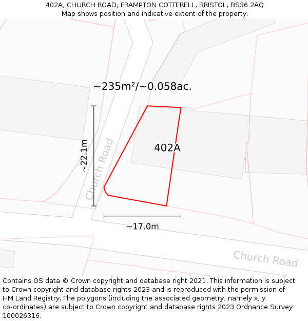 402A, CHURCH ROAD, FRAMPTON COTTERELL, BRISTOL, BS36 2AQ: Plot and title map