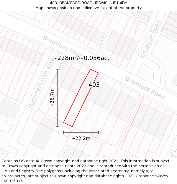 403, BRAMFORD ROAD, IPSWICH, IP1 4BA: Plot and title map