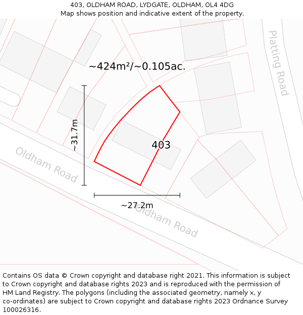 403, OLDHAM ROAD, LYDGATE, OLDHAM, OL4 4DG: Plot and title map