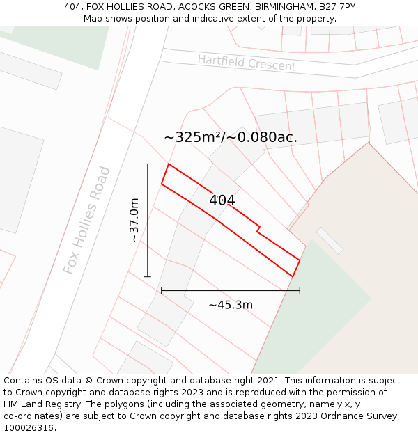 404, FOX HOLLIES ROAD, ACOCKS GREEN, BIRMINGHAM, B27 7PY: Plot and title map