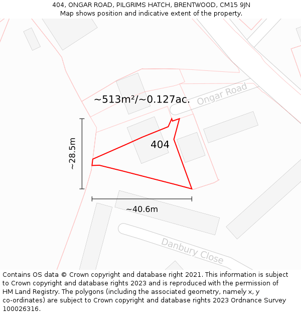 404, ONGAR ROAD, PILGRIMS HATCH, BRENTWOOD, CM15 9JN: Plot and title map