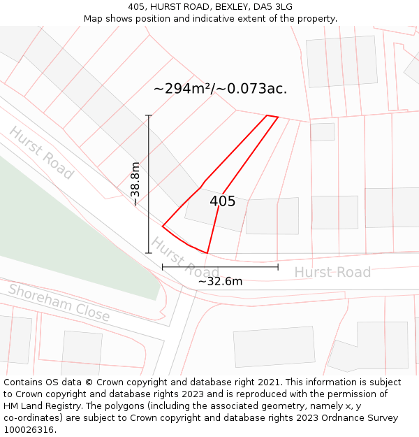 405, HURST ROAD, BEXLEY, DA5 3LG: Plot and title map