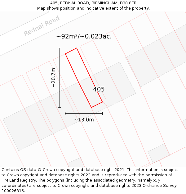 405, REDNAL ROAD, BIRMINGHAM, B38 8ER: Plot and title map