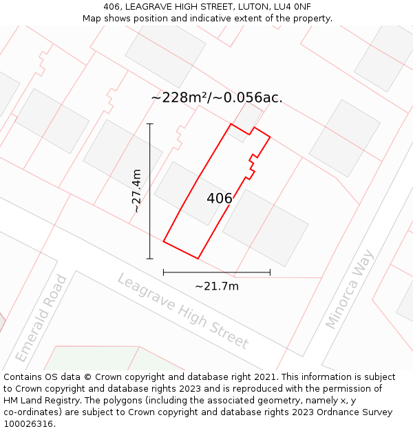 406, LEAGRAVE HIGH STREET, LUTON, LU4 0NF: Plot and title map