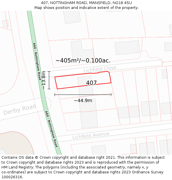 407, NOTTINGHAM ROAD, MANSFIELD, NG18 4SU: Plot and title map