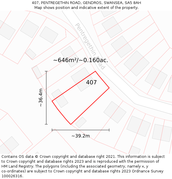 407, PENTREGETHIN ROAD, GENDROS, SWANSEA, SA5 8AH: Plot and title map