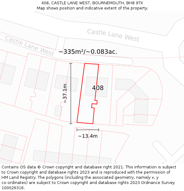 408, CASTLE LANE WEST, BOURNEMOUTH, BH8 9TX: Plot and title map