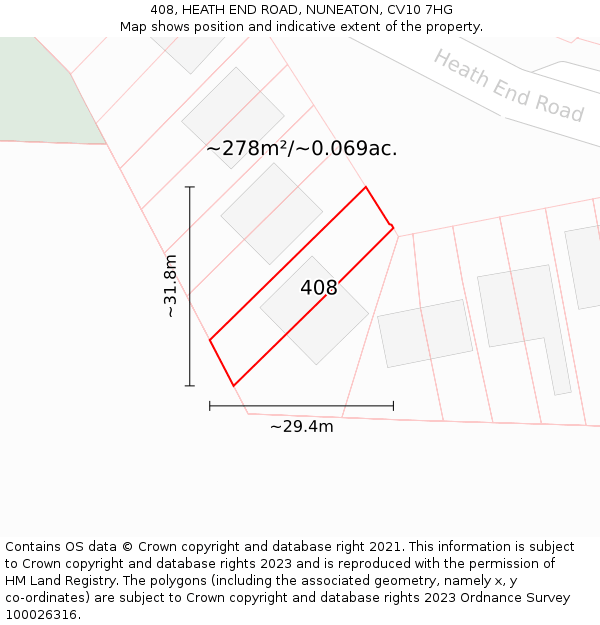 408, HEATH END ROAD, NUNEATON, CV10 7HG: Plot and title map