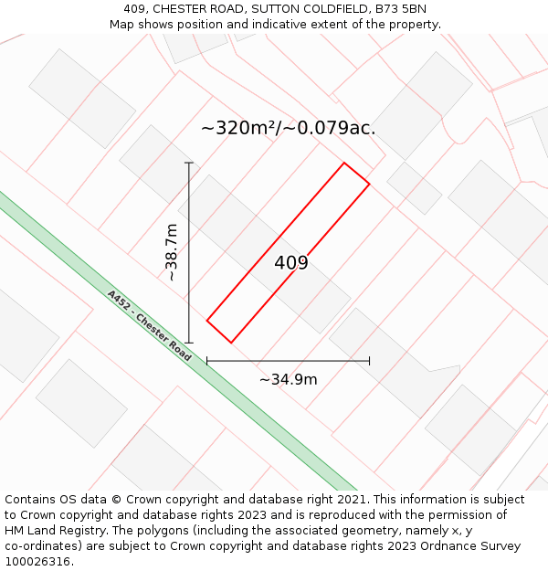 409, CHESTER ROAD, SUTTON COLDFIELD, B73 5BN: Plot and title map