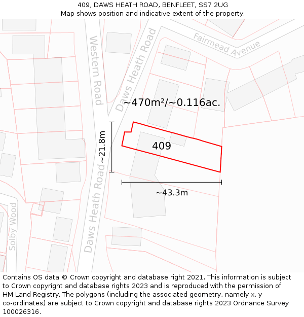 409, DAWS HEATH ROAD, BENFLEET, SS7 2UG: Plot and title map
