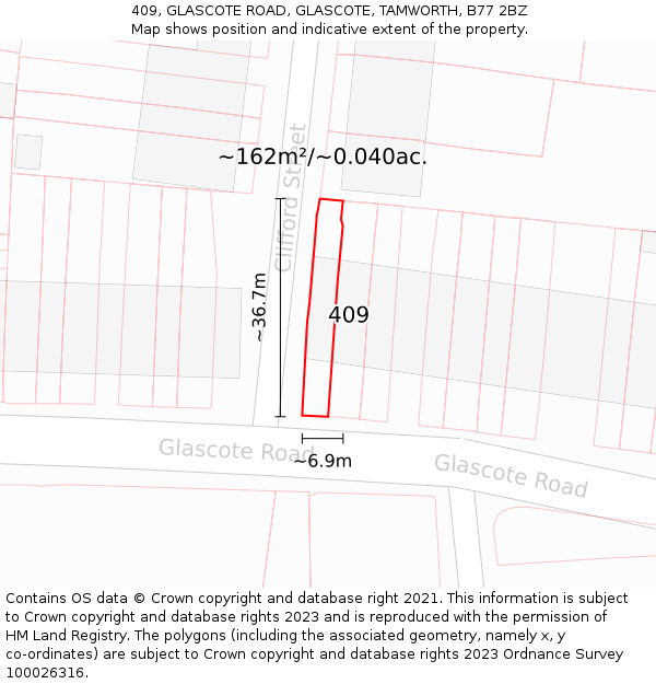 409, GLASCOTE ROAD, GLASCOTE, TAMWORTH, B77 2BZ: Plot and title map