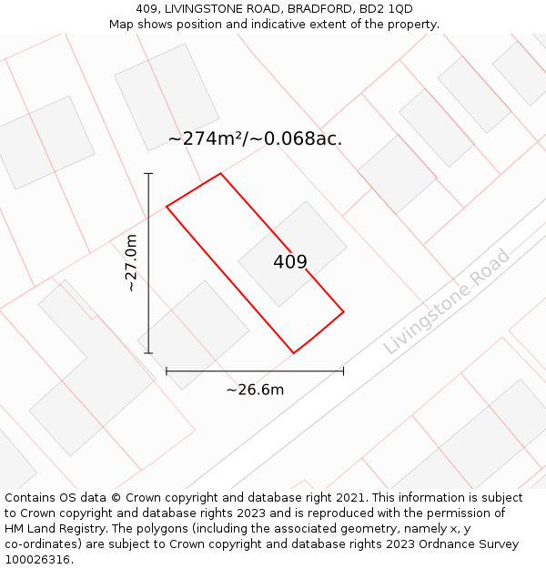 409, LIVINGSTONE ROAD, BRADFORD, BD2 1QD: Plot and title map