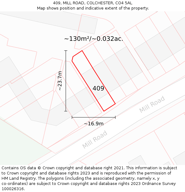 409, MILL ROAD, COLCHESTER, CO4 5AL: Plot and title map