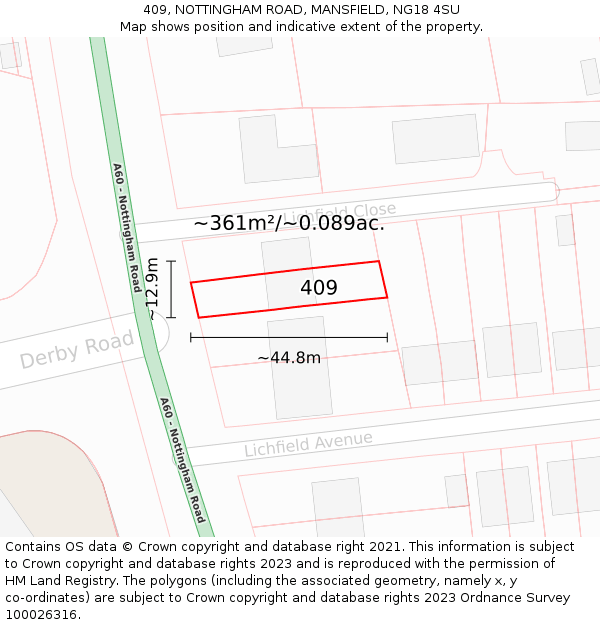 409, NOTTINGHAM ROAD, MANSFIELD, NG18 4SU: Plot and title map