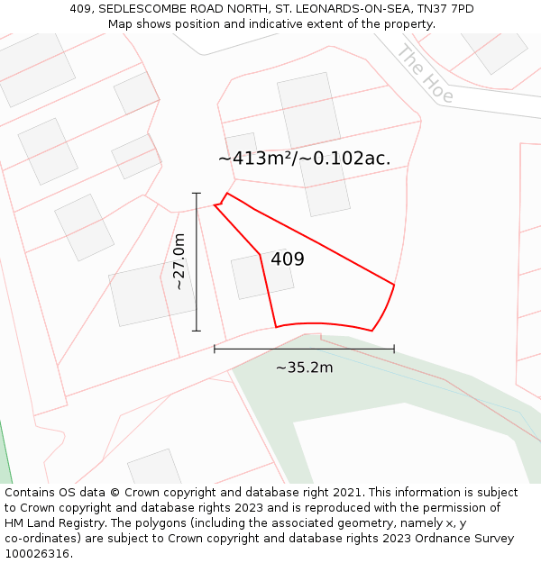 409, SEDLESCOMBE ROAD NORTH, ST. LEONARDS-ON-SEA, TN37 7PD: Plot and title map