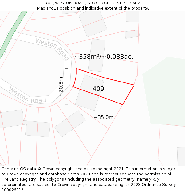 409, WESTON ROAD, STOKE-ON-TRENT, ST3 6PZ: Plot and title map