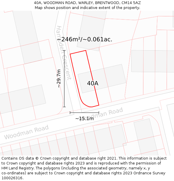 40A, WOODMAN ROAD, WARLEY, BRENTWOOD, CM14 5AZ: Plot and title map