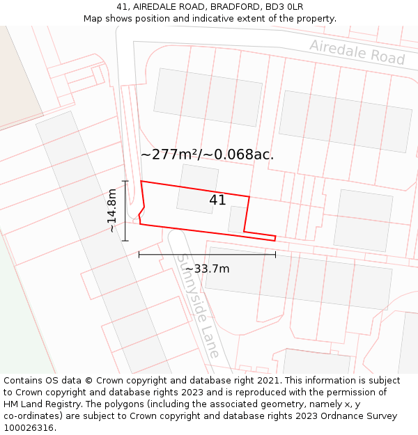41, AIREDALE ROAD, BRADFORD, BD3 0LR: Plot and title map