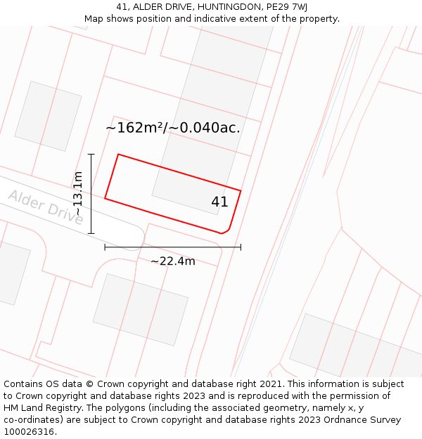 41, ALDER DRIVE, HUNTINGDON, PE29 7WJ: Plot and title map